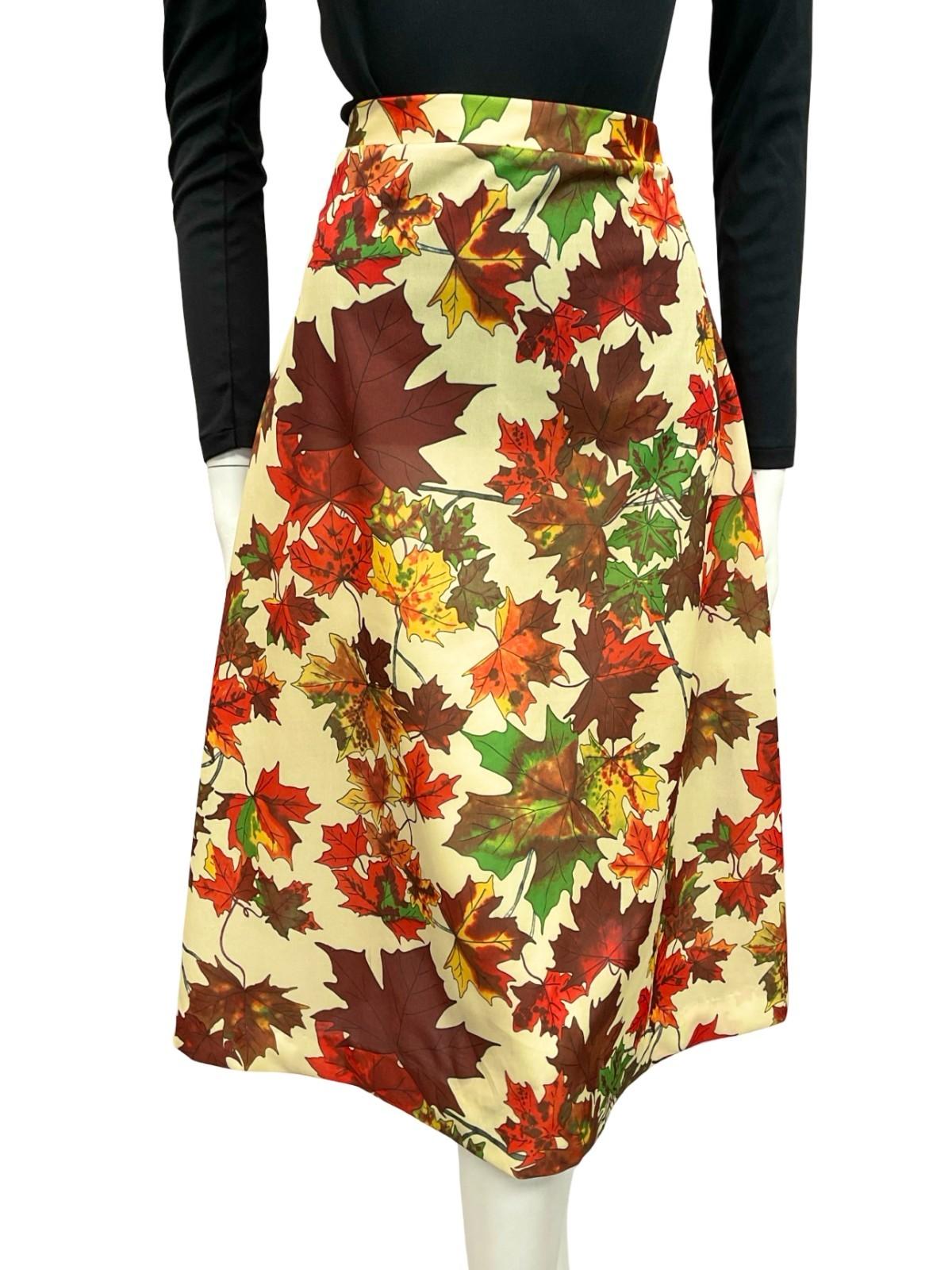 VTG 60S 70S BEIGE RED GREEN YELLOW MAPLE AUTUMNAL A LINE MIDI SKIRT 8 10