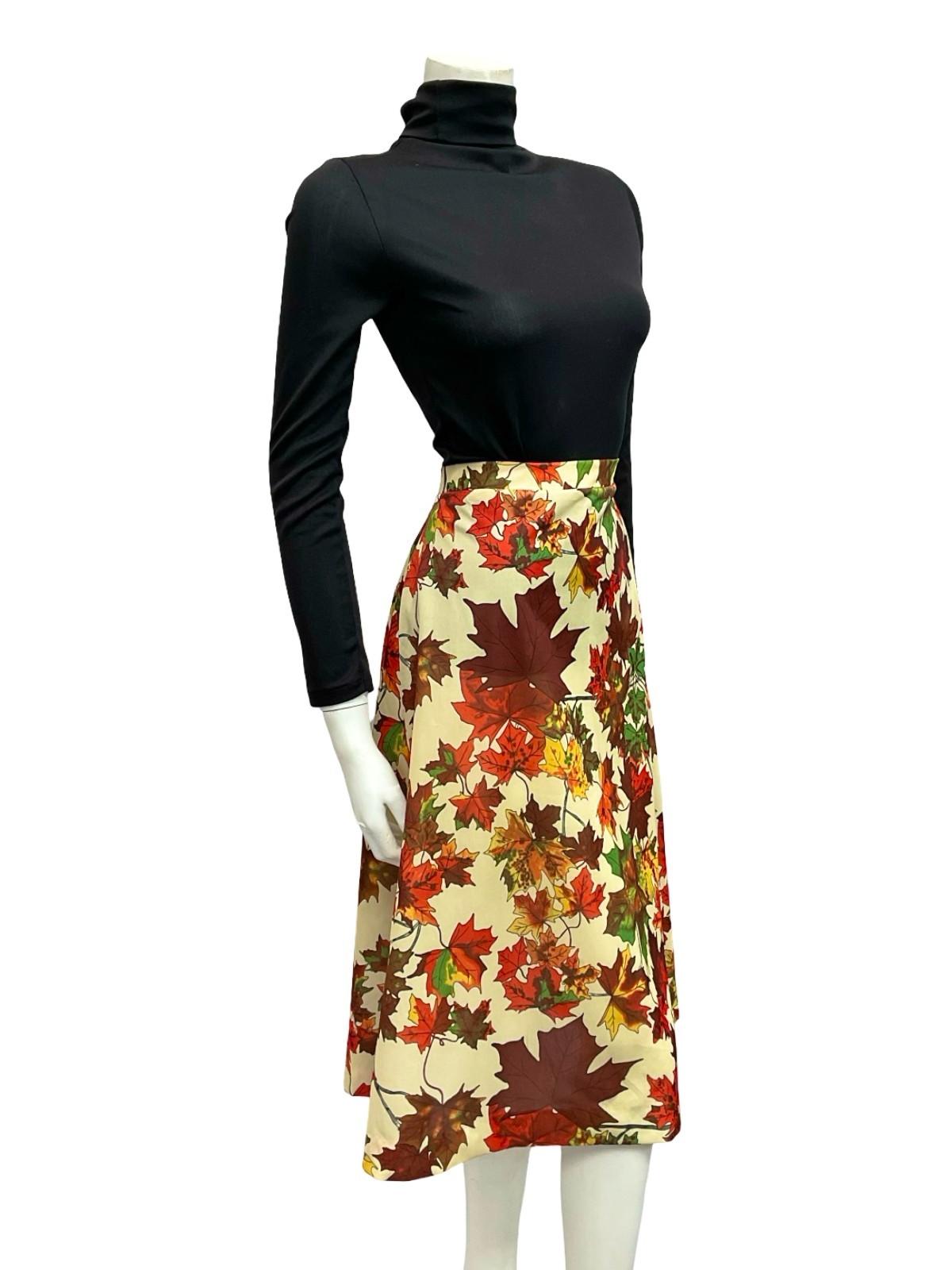 VTG 60S 70S BEIGE RED GREEN YELLOW MAPLE AUTUMNAL A LINE MIDI SKIRT 8 10
