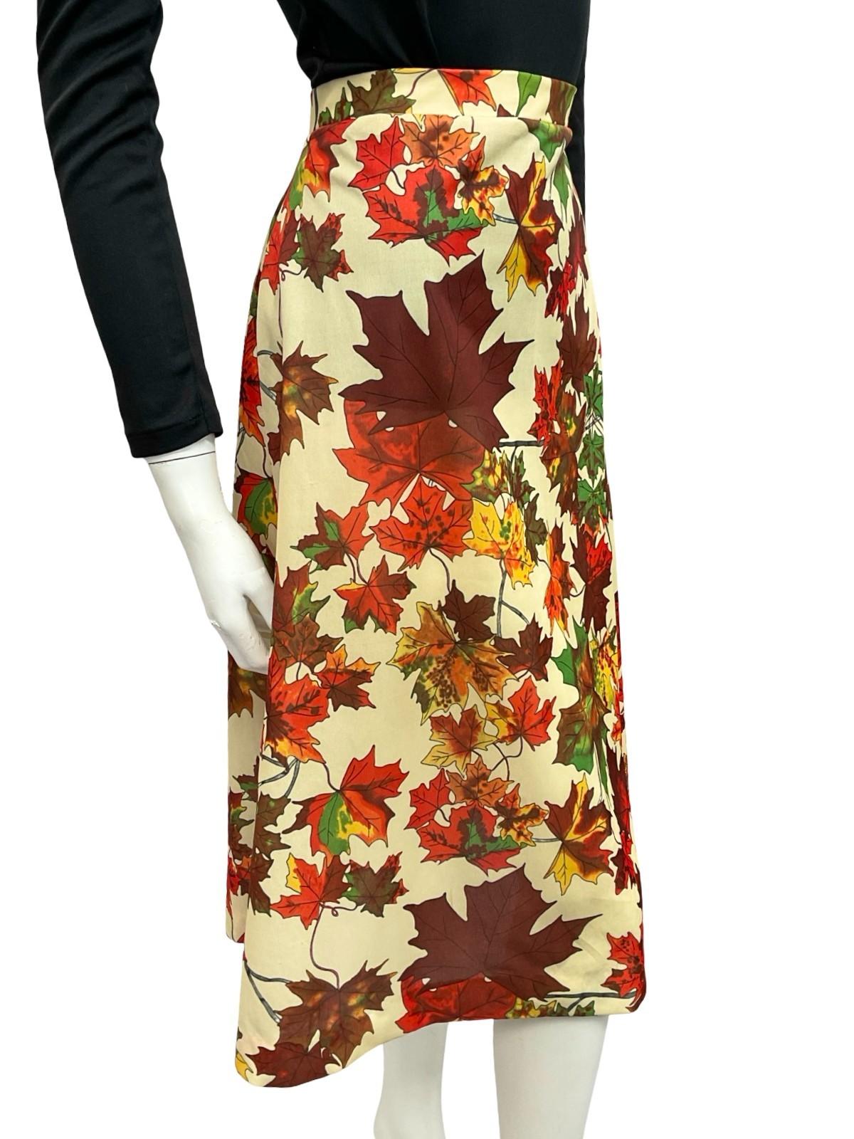 VTG 60S 70S BEIGE RED GREEN YELLOW MAPLE AUTUMNAL A LINE MIDI SKIRT 8 10