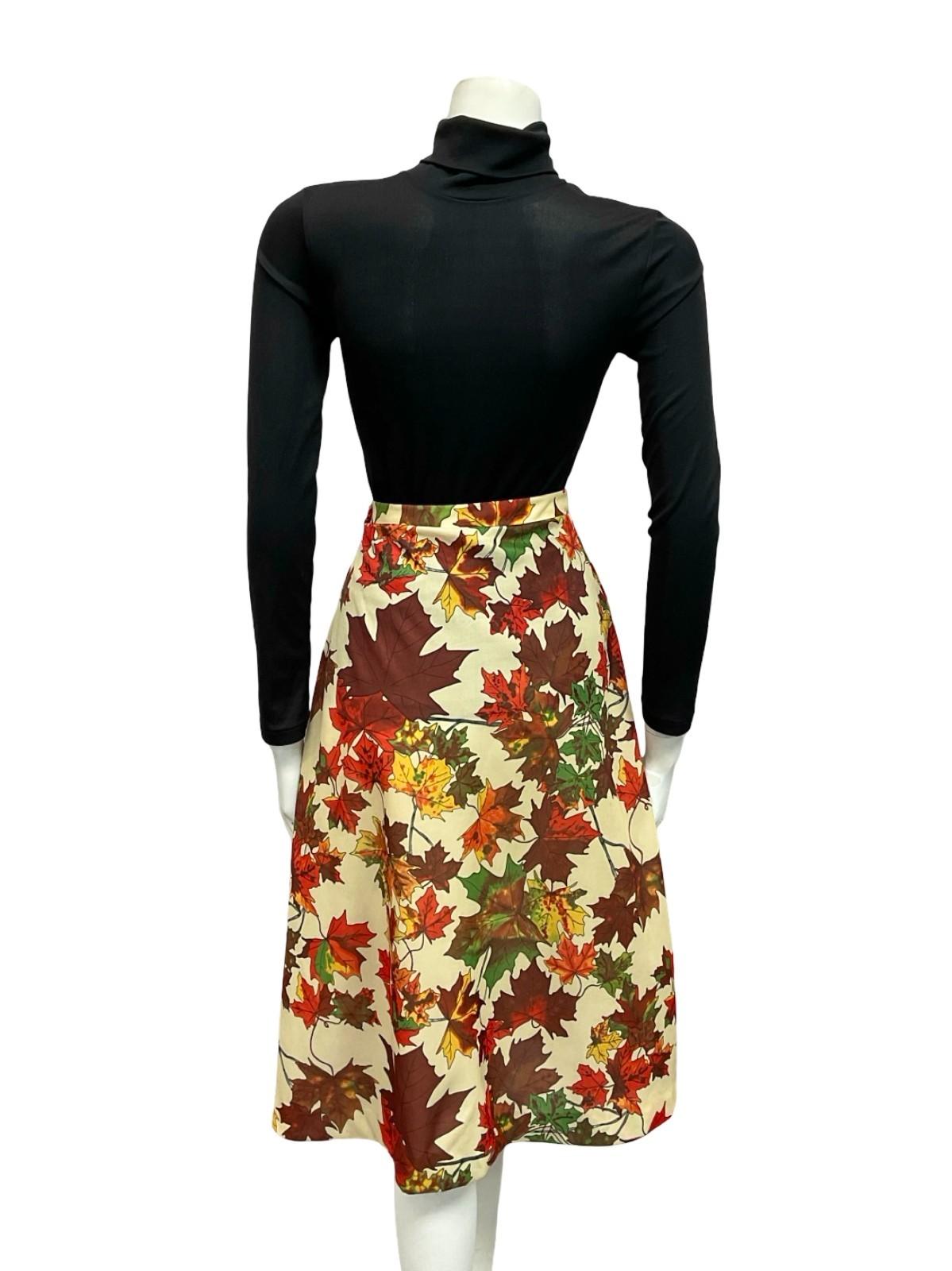 VTG 60S 70S BEIGE RED GREEN YELLOW MAPLE AUTUMNAL A LINE MIDI SKIRT 8 10