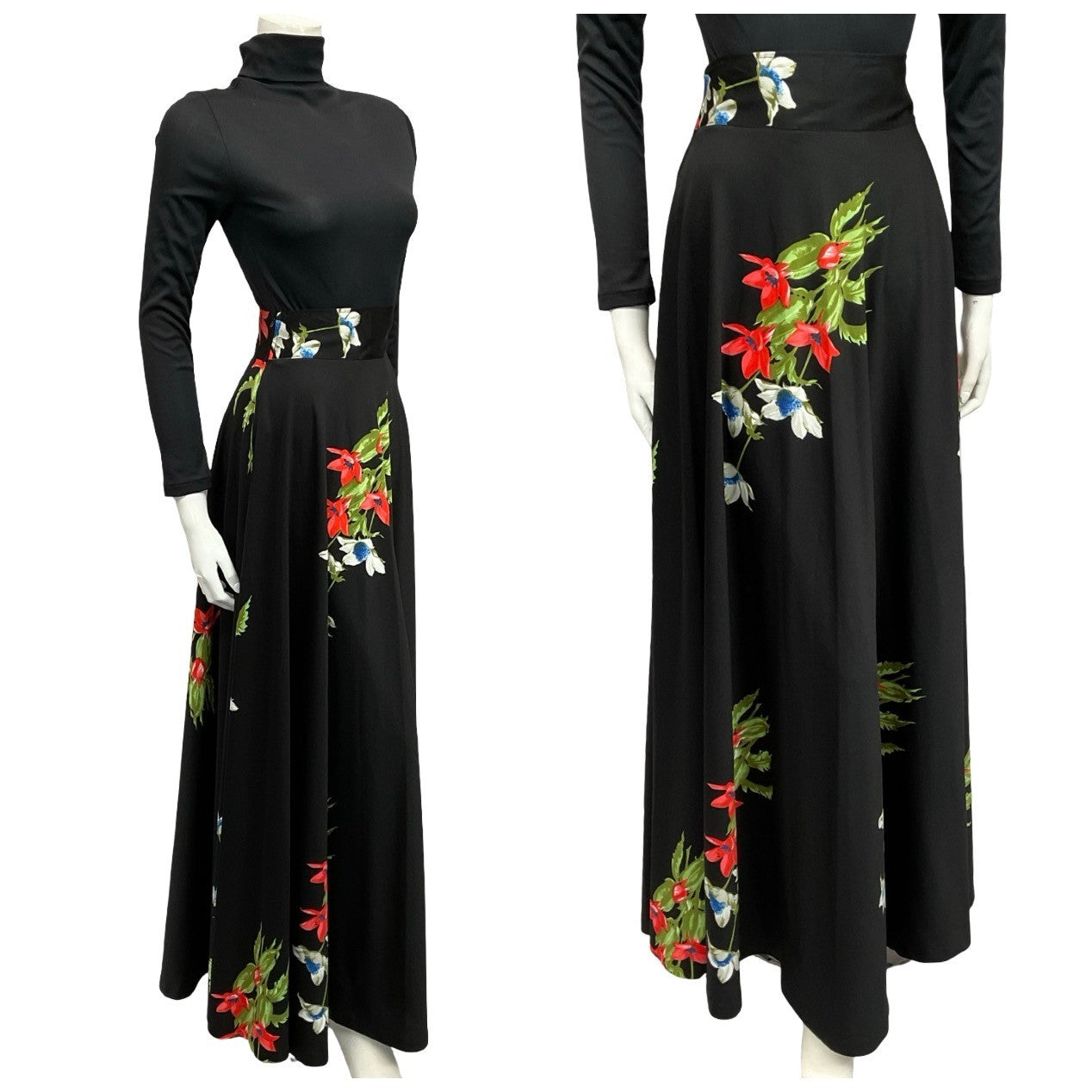 Shrinking Violets Vintage 60s 70s black maxi skirt with red and white floral print on a mannequin wearing a black turtleneck 