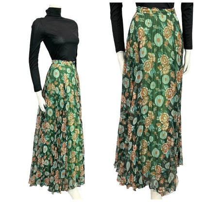 Shrinking Violets Vintage 60s 70s green and beige geometric floral print pleated maxi skirt on a mannequin wearing a black turtleneck 