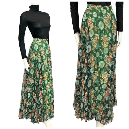 Shrinking Violets Vintage 60s 70s green and beige geometric floral print pleated maxi skirt on a mannequin wearing a black turtleneck 