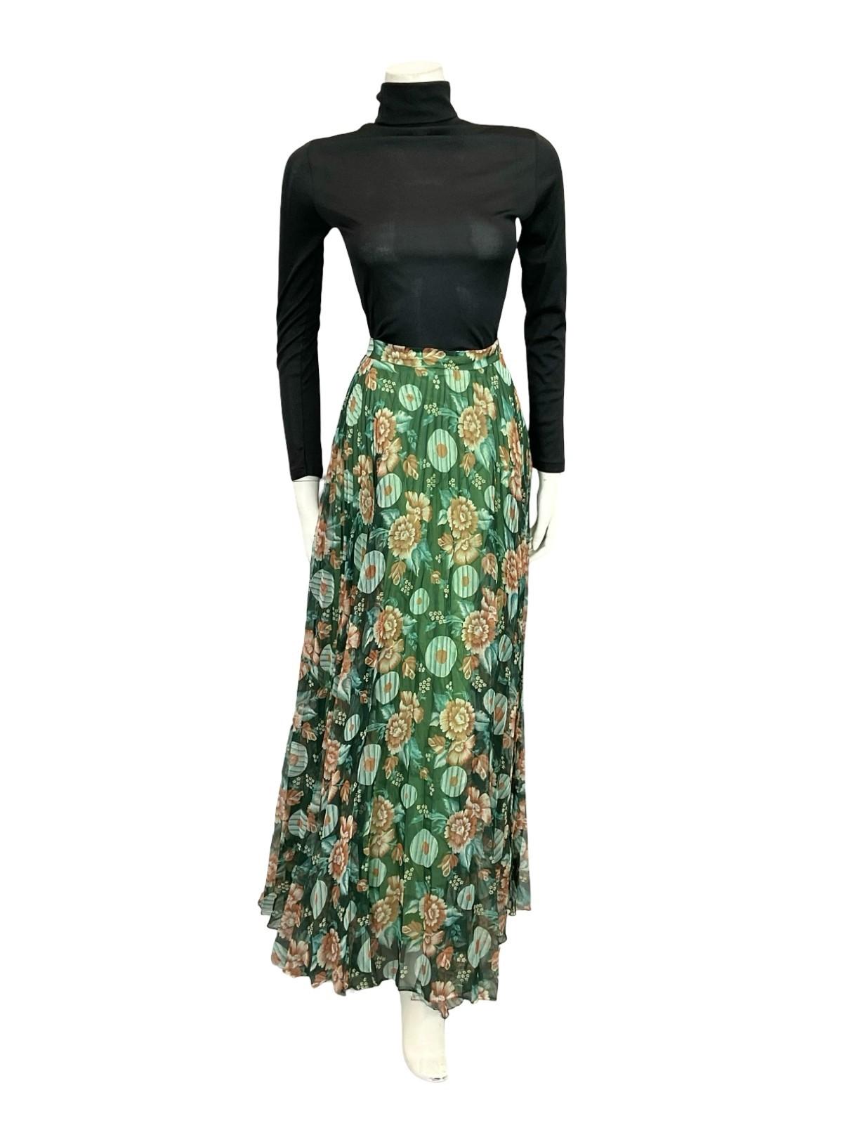 VTG 70S GREEN BROWN BLUE PLEATED MESH FLORAL CIRCLE FLOATY MAXI SKIRT 8 10 S