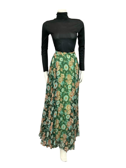 VTG 70S GREEN BROWN BLUE PLEATED MESH FLORAL CIRCLE FLOATY MAXI SKIRT 8 10 S