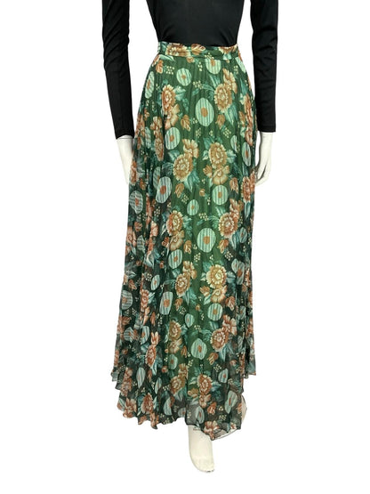VTG 70S GREEN BROWN BLUE PLEATED MESH FLORAL CIRCLE FLOATY MAXI SKIRT 8 10 S