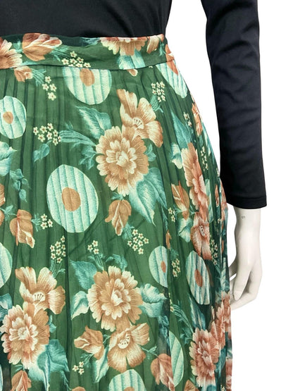 VTG 70S GREEN BROWN BLUE PLEATED MESH FLORAL CIRCLE FLOATY MAXI SKIRT 8 10 S