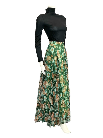 VTG 70S GREEN BROWN BLUE PLEATED MESH FLORAL CIRCLE FLOATY MAXI SKIRT 8 10 S