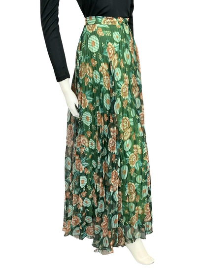 VTG 70S GREEN BROWN BLUE PLEATED MESH FLORAL CIRCLE FLOATY MAXI SKIRT 8 10 S