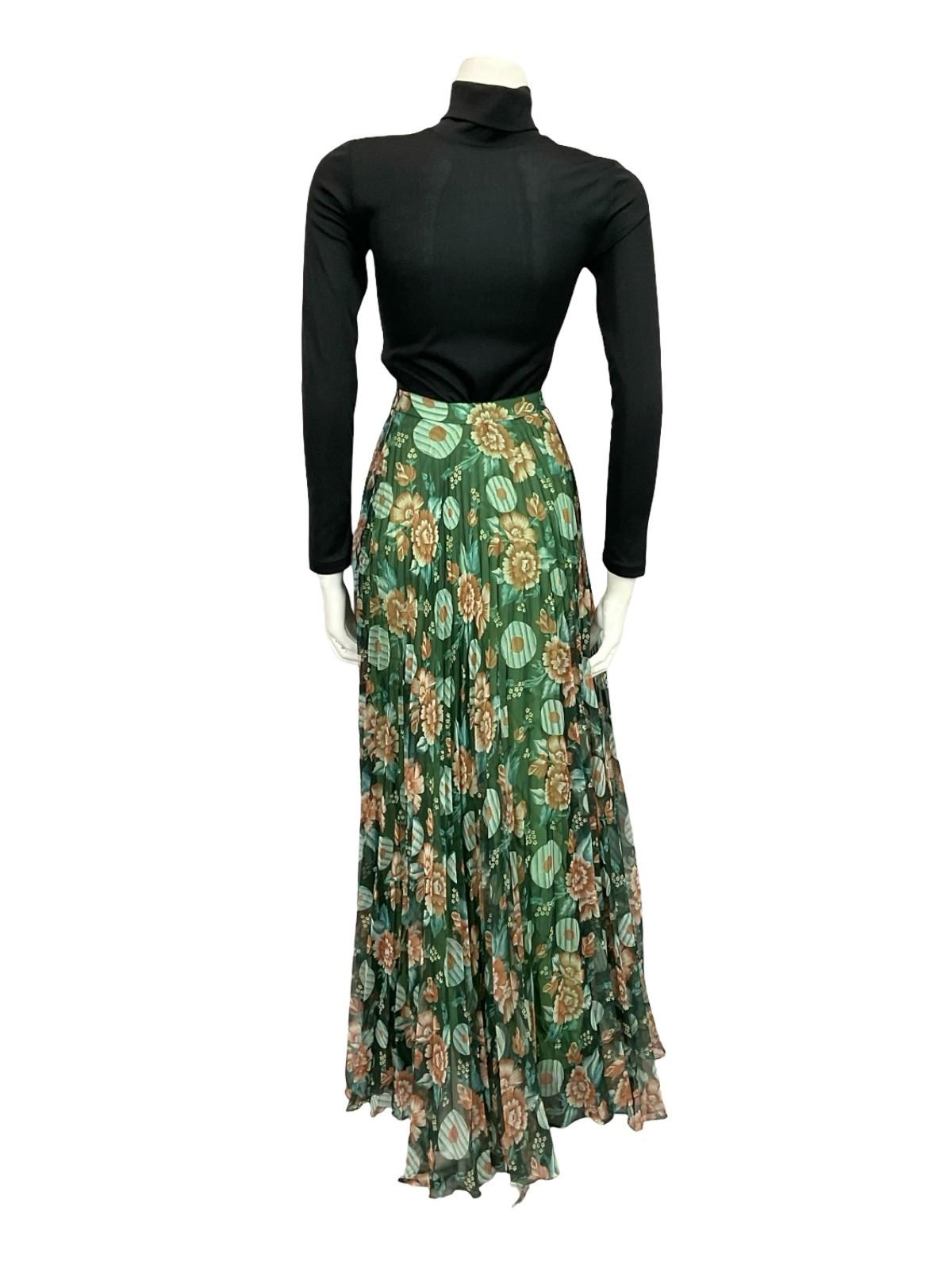 VTG 70S GREEN BROWN BLUE PLEATED MESH FLORAL CIRCLE FLOATY MAXI SKIRT 8 10 S