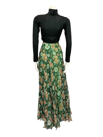 VTG 70S GREEN BROWN BLUE PLEATED MESH FLORAL CIRCLE FLOATY MAXI SKIRT 8 10 S