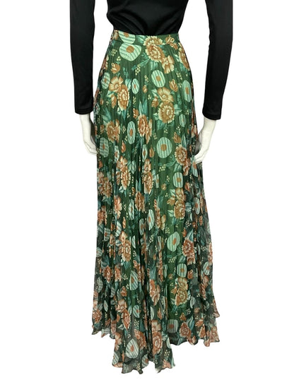 VTG 70S GREEN BROWN BLUE PLEATED MESH FLORAL CIRCLE FLOATY MAXI SKIRT 8 10 S