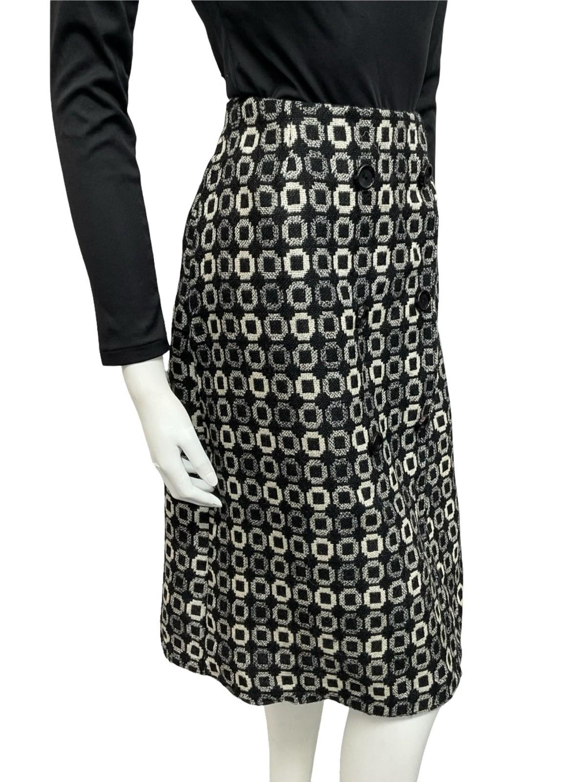 VTG 60S 70S BLACK WHITE WOOL GEOMETRIC CIRCLE TILE PRINT DOUBLE BREAST SKIRT 12