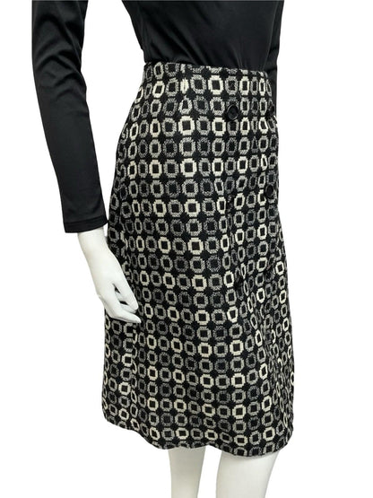 VTG 60S 70S BLACK WHITE WOOL GEOMETRIC CIRCLE TILE PRINT DOUBLE BREAST SKIRT 12
