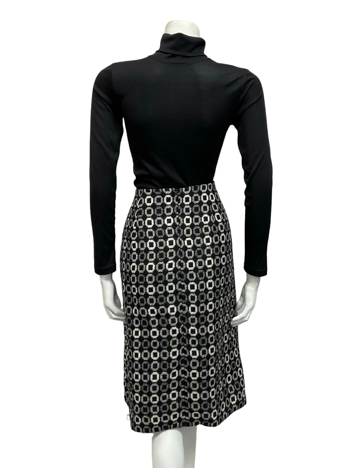 VTG 60S 70S BLACK WHITE WOOL GEOMETRIC CIRCLE TILE PRINT DOUBLE BREAST SKIRT 12