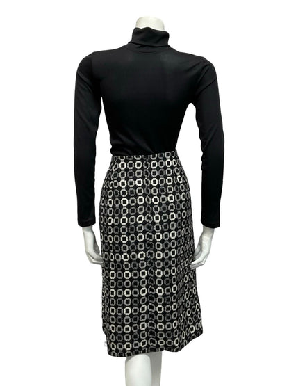 VTG 60S 70S BLACK WHITE WOOL GEOMETRIC CIRCLE TILE PRINT DOUBLE BREAST SKIRT 12