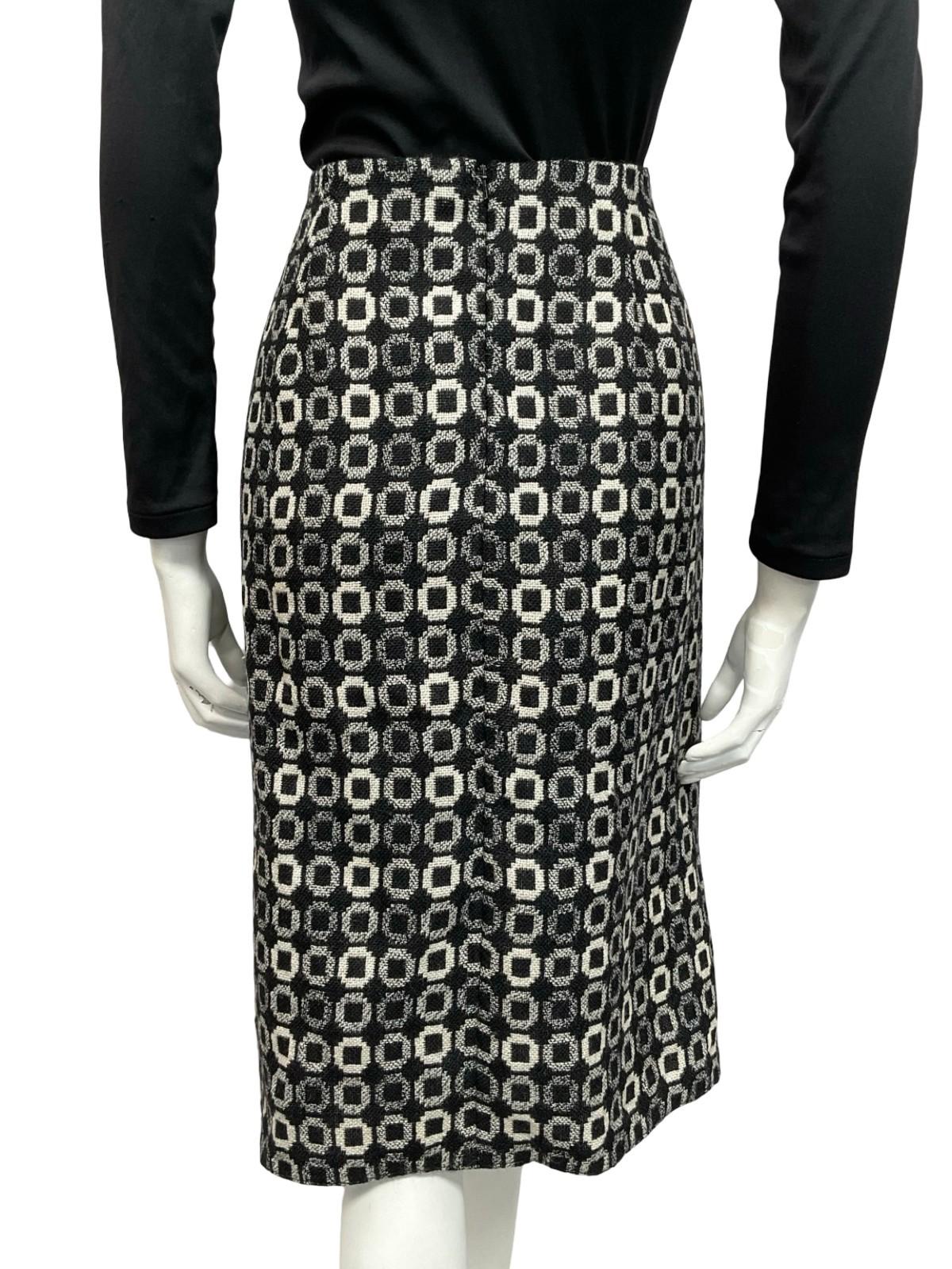 VTG 60S 70S BLACK WHITE WOOL GEOMETRIC CIRCLE TILE PRINT DOUBLE BREAST SKIRT 12