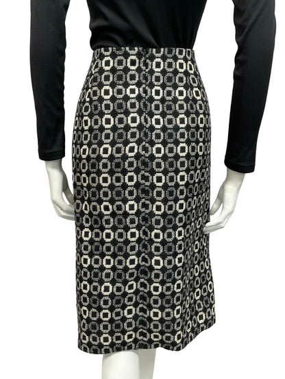 VTG 60S 70S BLACK WHITE WOOL GEOMETRIC CIRCLE TILE PRINT DOUBLE BREAST SKIRT 12