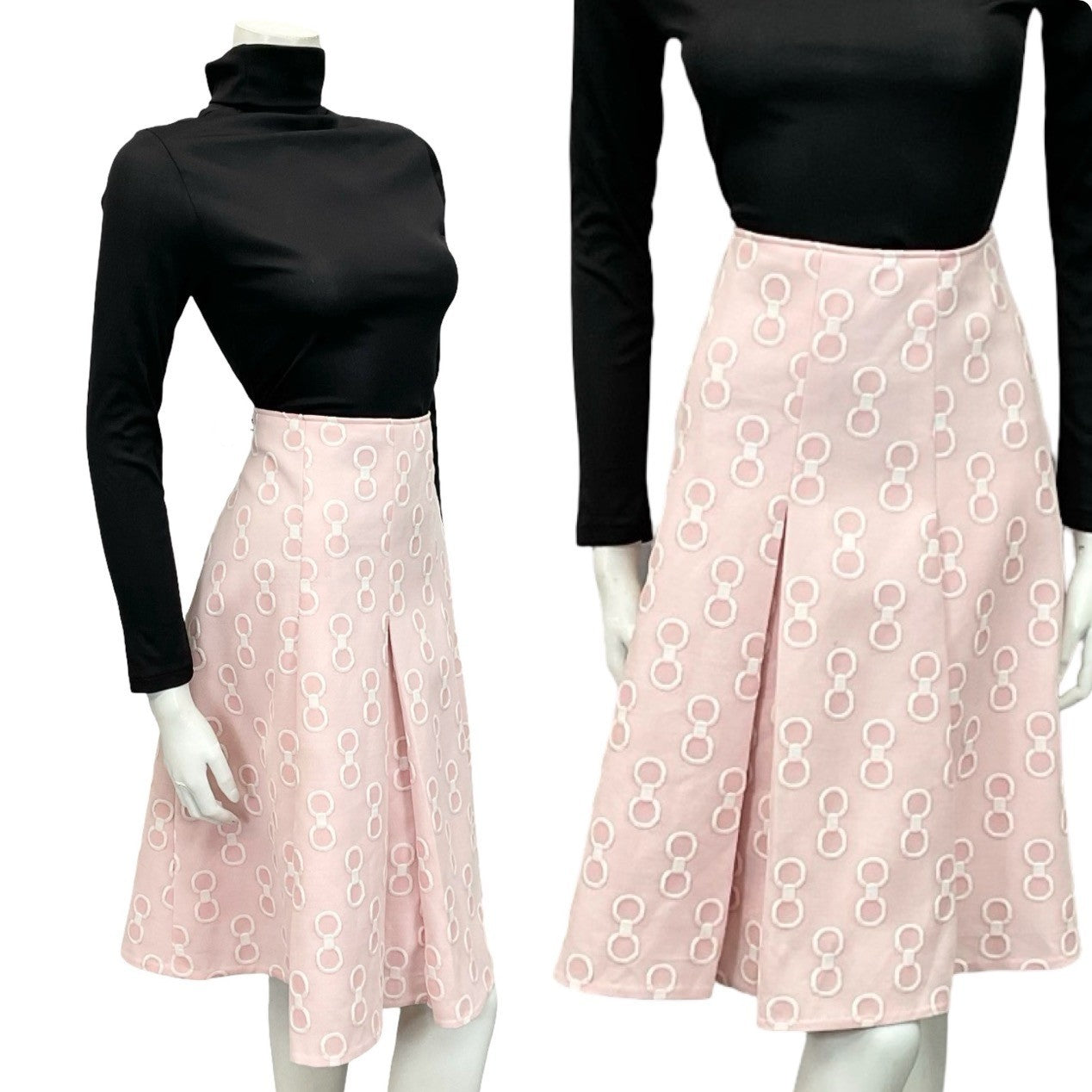 Shrinking Violets Vintage pale pink and white geometric pleated preppy skirt on a white mannequin wearing a black turtleneck