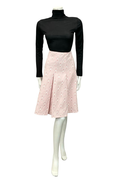 VTG 60S 70S BABY PINK WHITE GEOMETRIC RING CIRCLE PLEATED PREPPY MIDI SKIRT 12