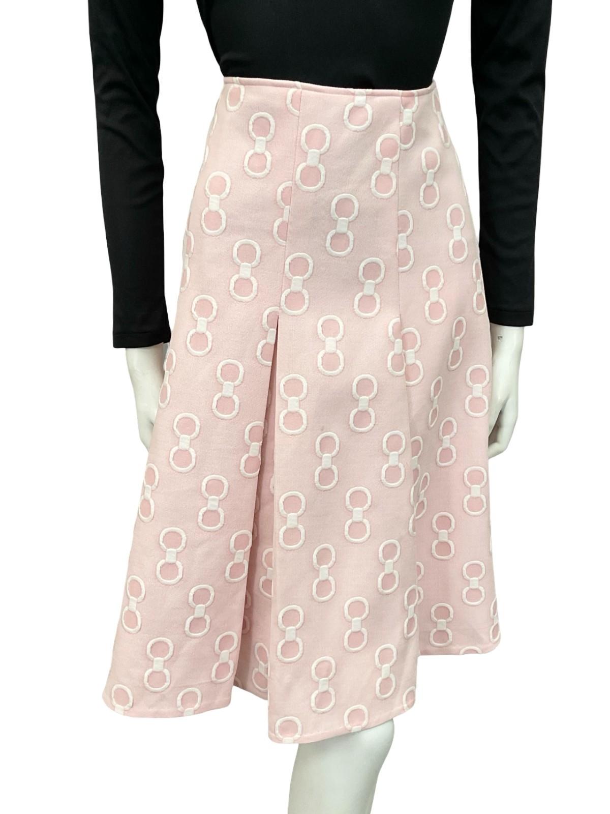 VTG 60S 70S BABY PINK WHITE GEOMETRIC RING CIRCLE PLEATED PREPPY MIDI SKIRT 12