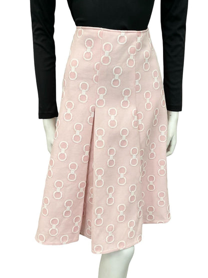 VTG 60S 70S BABY PINK WHITE GEOMETRIC RING CIRCLE PLEATED PREPPY MIDI SKIRT 12