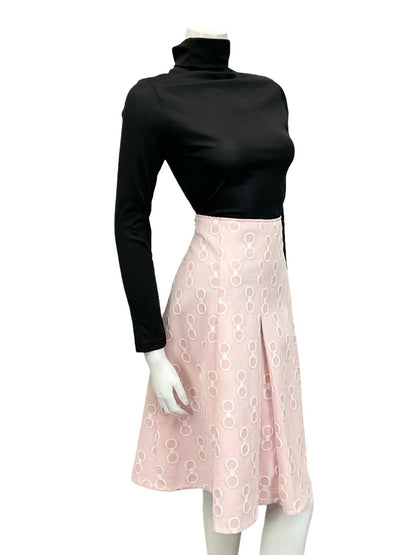 VTG 60S 70S BABY PINK WHITE GEOMETRIC RING CIRCLE PLEATED PREPPY MIDI SKIRT 12