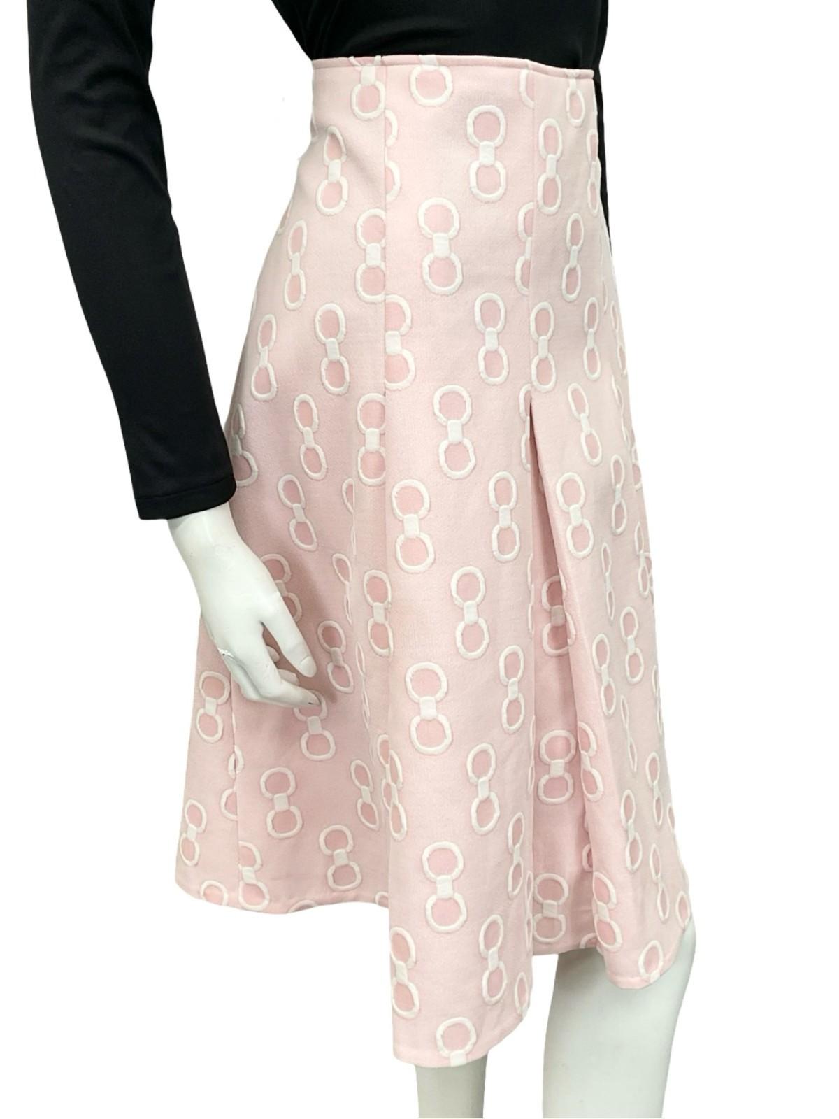 VTG 60S 70S BABY PINK WHITE GEOMETRIC RING CIRCLE PLEATED PREPPY MIDI SKIRT 12