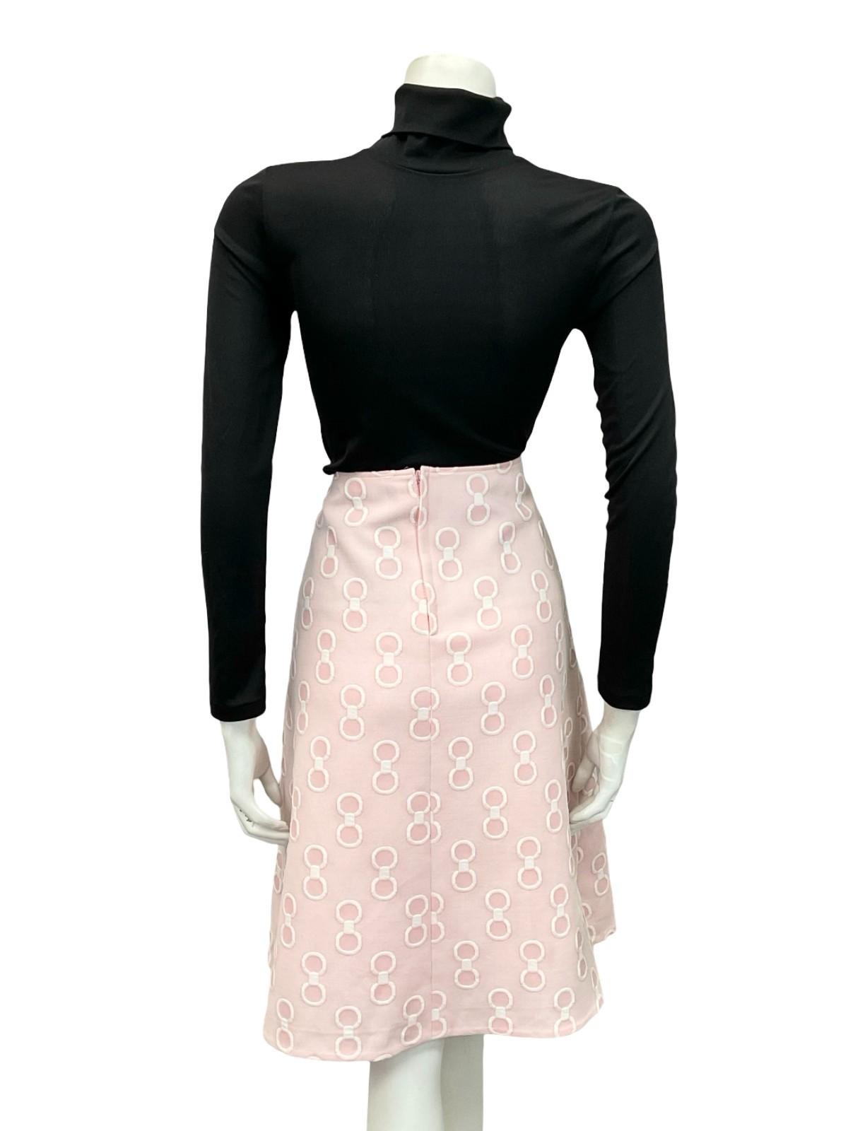 VTG 60S 70S BABY PINK WHITE GEOMETRIC RING CIRCLE PLEATED PREPPY MIDI SKIRT 12