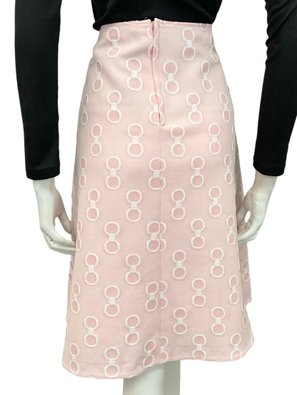 VTG 60S 70S BABY PINK WHITE GEOMETRIC RING CIRCLE PLEATED PREPPY MIDI SKIRT 12