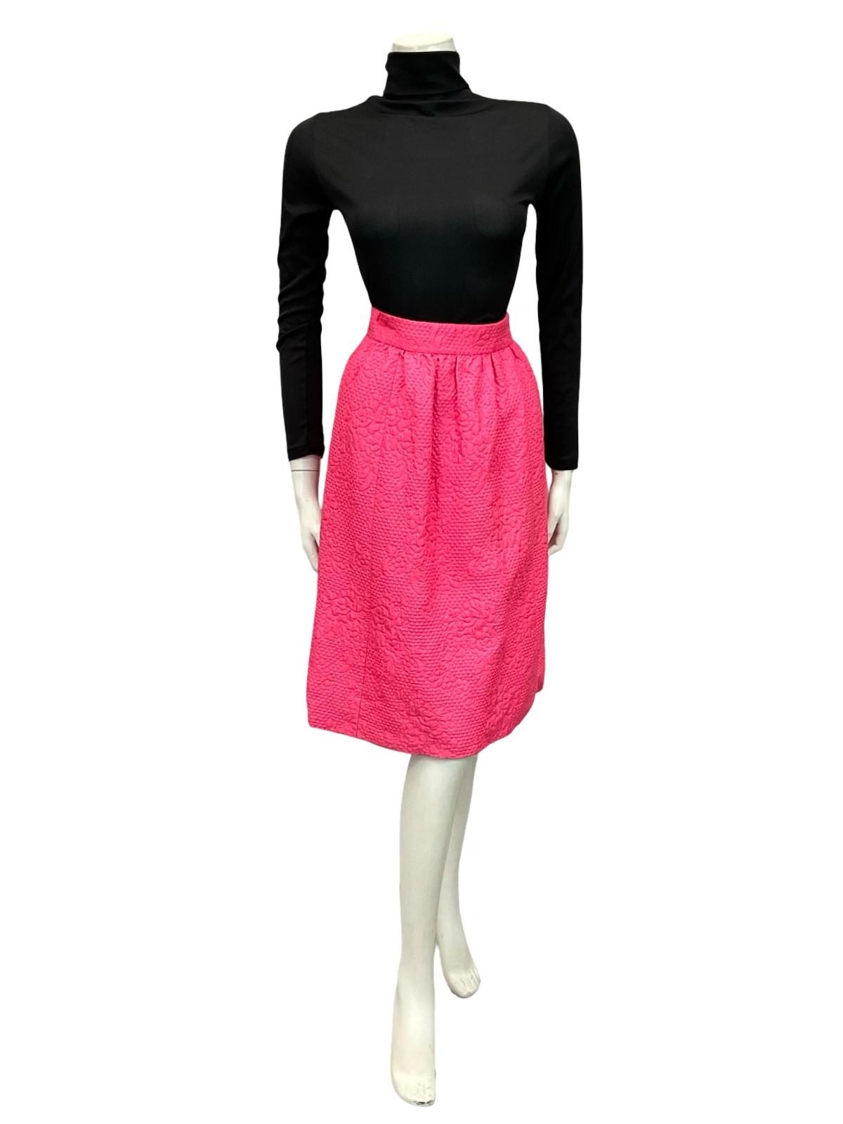 VTG 60S BRIGHT HOT PINK FLORAL DIAMOND GEOMETRIC EMBOSSED MIDI SKIRT 2 4