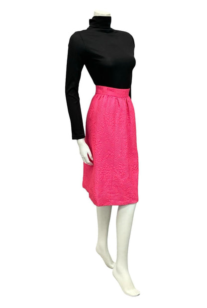VTG 60S BRIGHT HOT PINK FLORAL DIAMOND GEOMETRIC EMBOSSED MIDI SKIRT 2 4