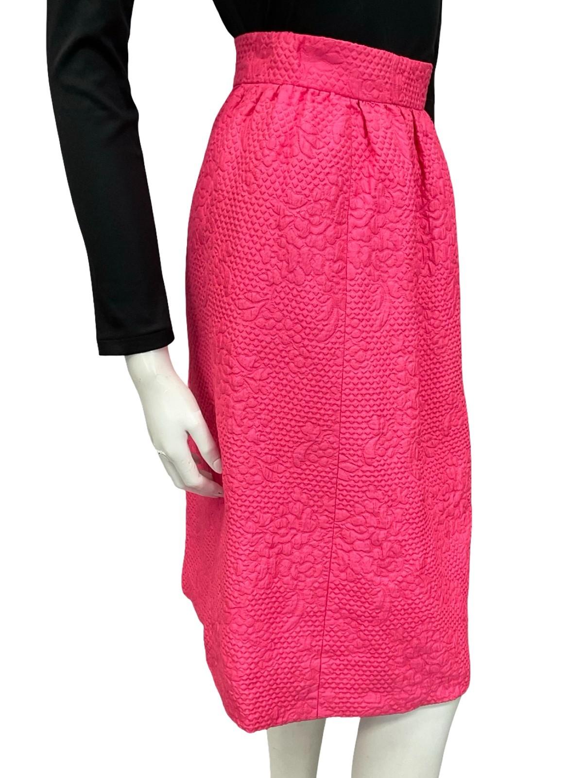 VTG 60S BRIGHT HOT PINK FLORAL DIAMOND GEOMETRIC EMBOSSED MIDI SKIRT 2 4