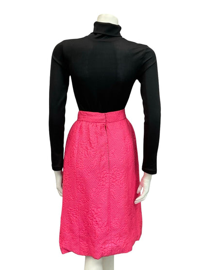 VTG 60S BRIGHT HOT PINK FLORAL DIAMOND GEOMETRIC EMBOSSED MIDI SKIRT 2 4