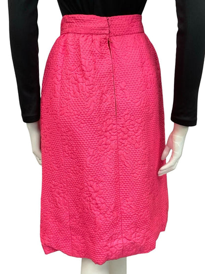 VTG 60S BRIGHT HOT PINK FLORAL DIAMOND GEOMETRIC EMBOSSED MIDI SKIRT 2 4