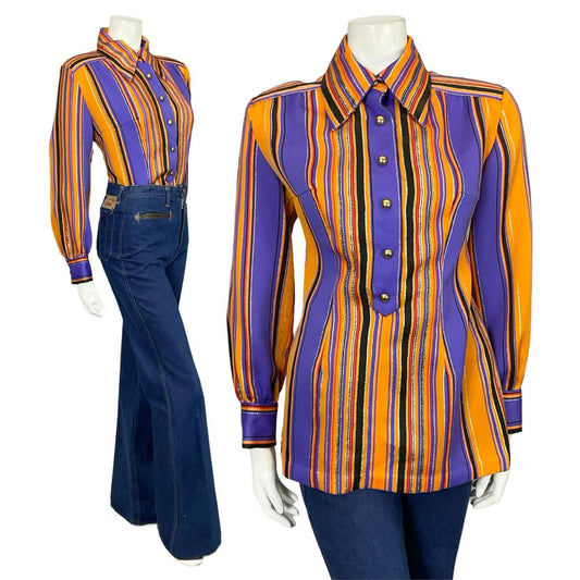 VTG 60S 70S DISCO STRIPED GLITTER PURPLE ORANGE BLACK GOLD DAGGER SHIRT 14