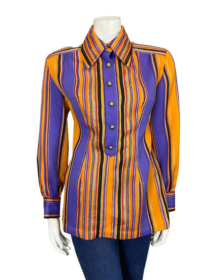 VTG 60S 70S DISCO STRIPED GLITTER PURPLE ORANGE BLACK GOLD DAGGER SHIRT 14