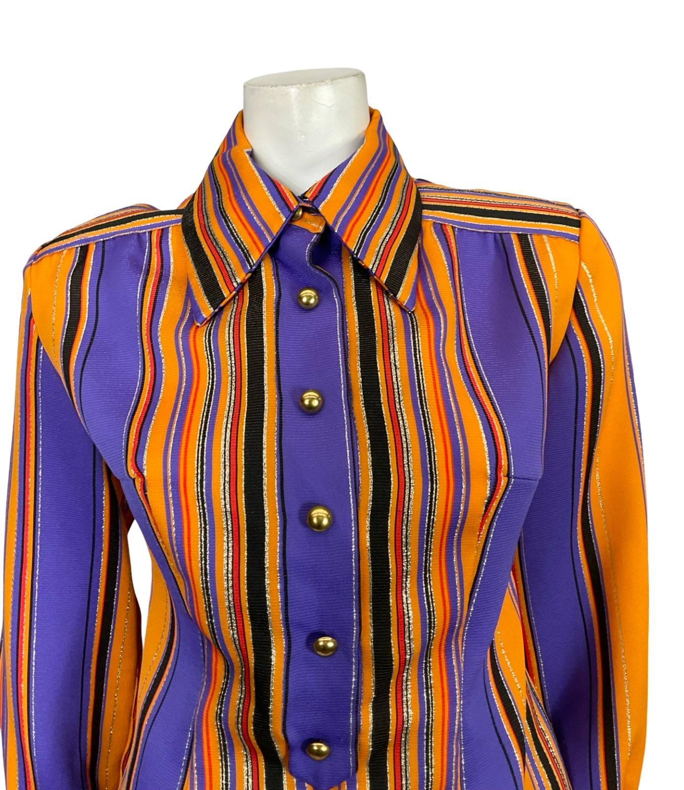VTG 60S 70S DISCO STRIPED GLITTER PURPLE ORANGE BLACK GOLD DAGGER SHIRT 14