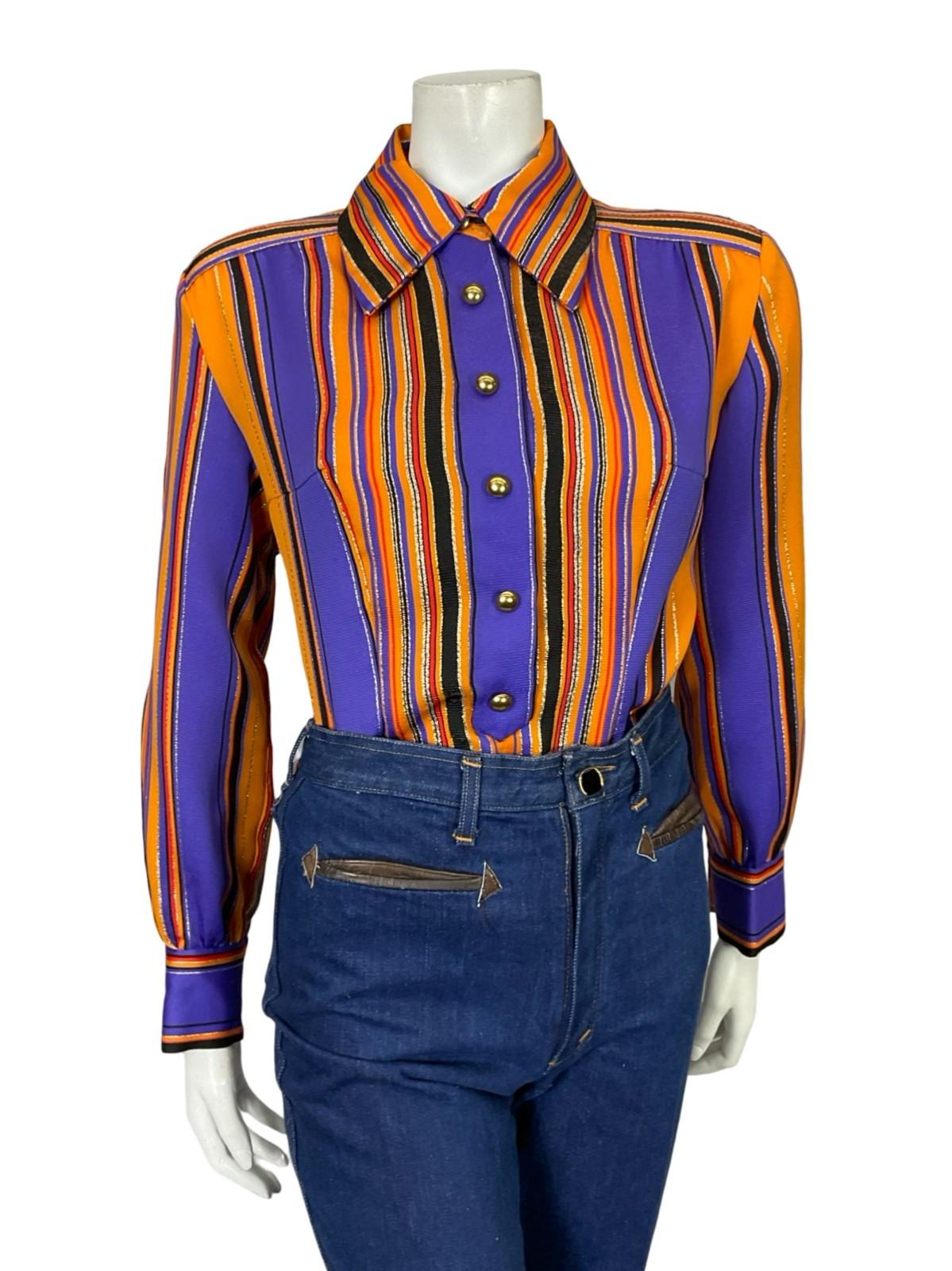 VTG 60S 70S DISCO STRIPED GLITTER PURPLE ORANGE BLACK GOLD DAGGER SHIRT 14