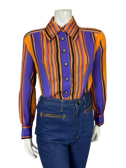 VTG 60S 70S DISCO STRIPED GLITTER PURPLE ORANGE BLACK GOLD DAGGER SHIRT 14