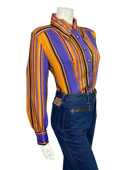 VTG 60S 70S DISCO STRIPED GLITTER PURPLE ORANGE BLACK GOLD DAGGER SHIRT 14