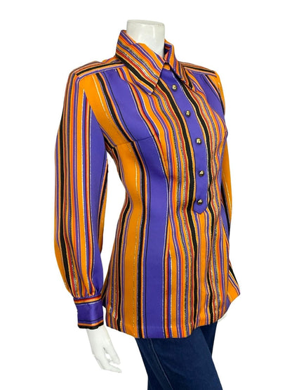 VTG 60S 70S DISCO STRIPED GLITTER PURPLE ORANGE BLACK GOLD DAGGER SHIRT 14