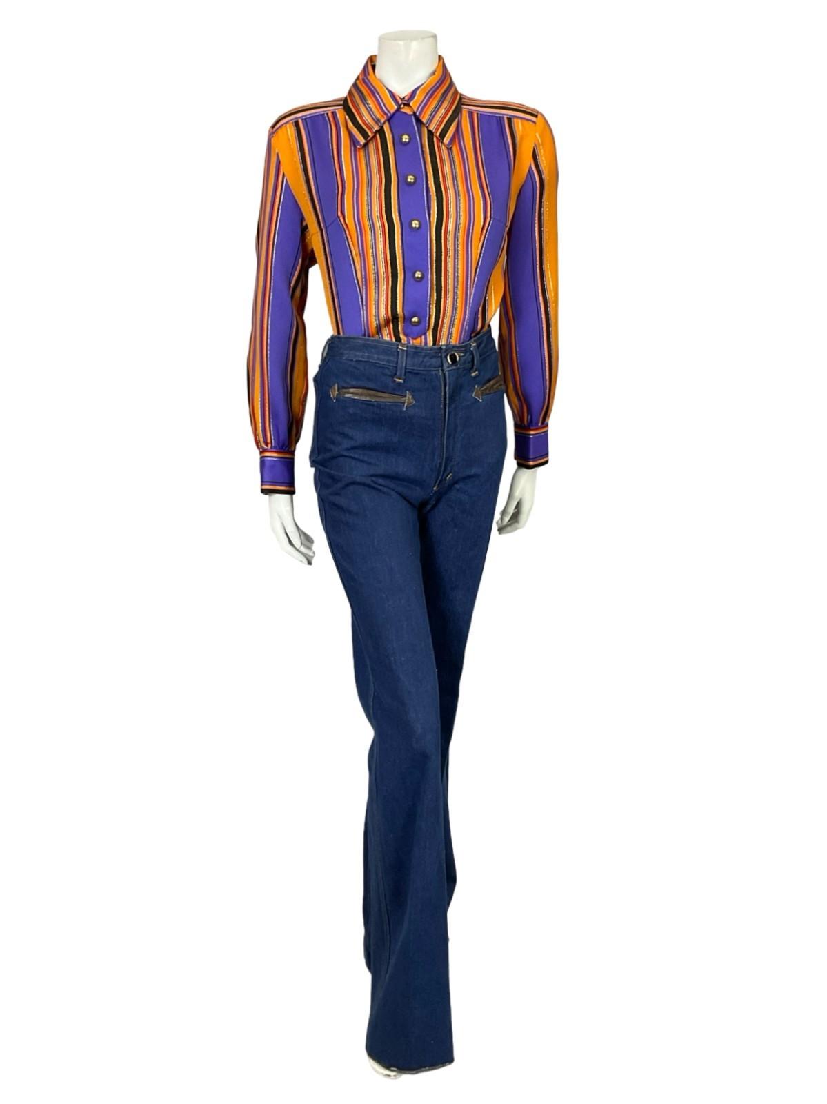 VTG 60S 70S DISCO STRIPED GLITTER PURPLE ORANGE BLACK GOLD DAGGER SHIRT 14