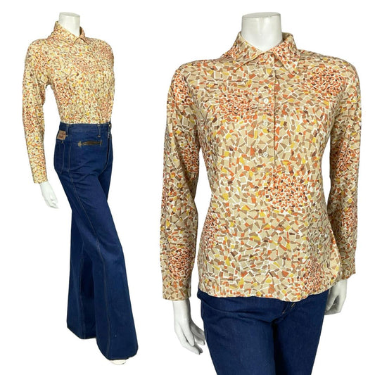 VTG 60S 70S BEIGE YELLOW BROWN ORANGE MOD GEOMETRIC DAGGER KNIT SHIRT 14
