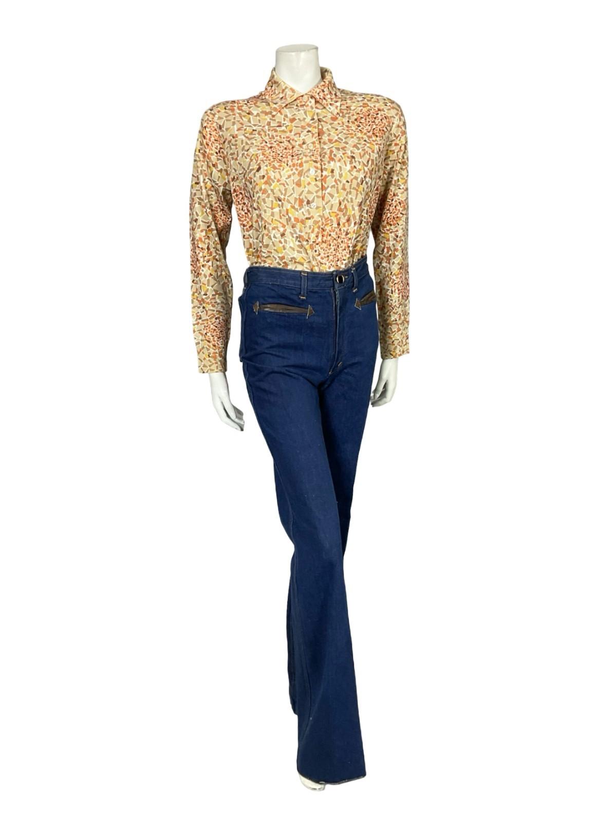 VTG 60S 70S BEIGE YELLOW BROWN ORANGE MOD GEOMETRIC DAGGER KNIT SHIRT 14