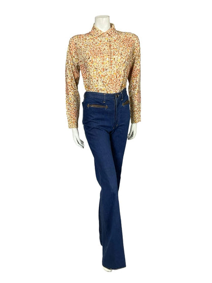 VTG 60S 70S BEIGE YELLOW BROWN ORANGE MOD GEOMETRIC DAGGER KNIT SHIRT 14