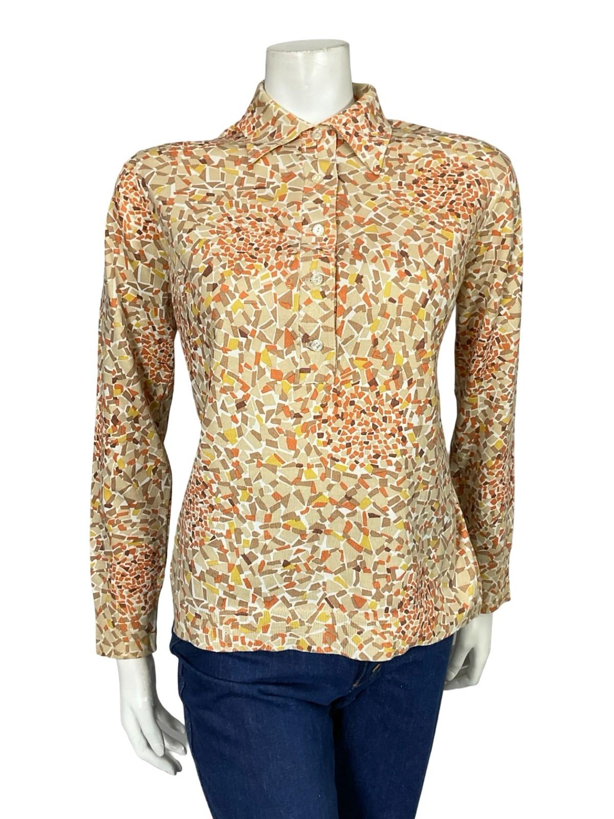 VTG 60S 70S BEIGE YELLOW BROWN ORANGE MOD GEOMETRIC DAGGER KNIT SHIRT 14