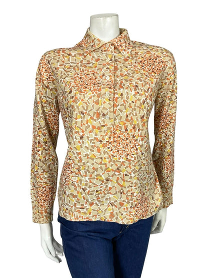 VTG 60S 70S BEIGE YELLOW BROWN ORANGE MOD GEOMETRIC DAGGER KNIT SHIRT 14
