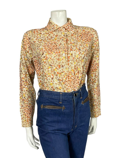 VTG 60S 70S BEIGE YELLOW BROWN ORANGE MOD GEOMETRIC DAGGER KNIT SHIRT 14