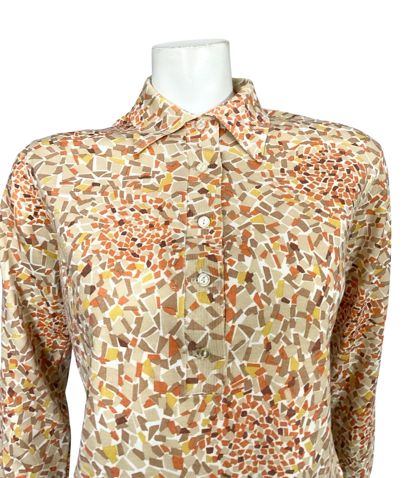VTG 60S 70S BEIGE YELLOW BROWN ORANGE MOD GEOMETRIC DAGGER KNIT SHIRT 14